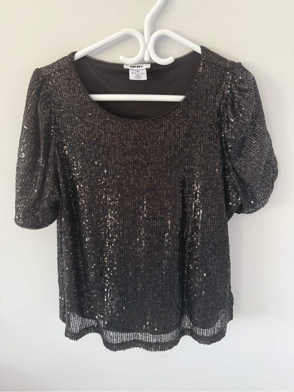 DKNY Black Sequin Short Sleeve Scoop Neck Top